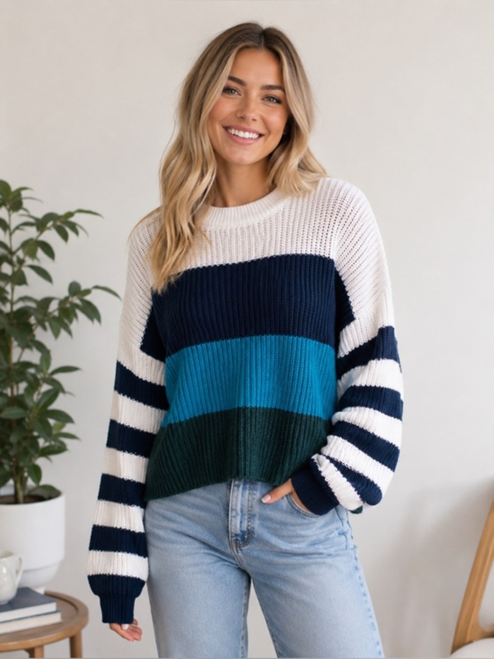 Harper Heritage Chunky Knit Sweater M Blue Colorblock Striped Cozy Fall Casual
